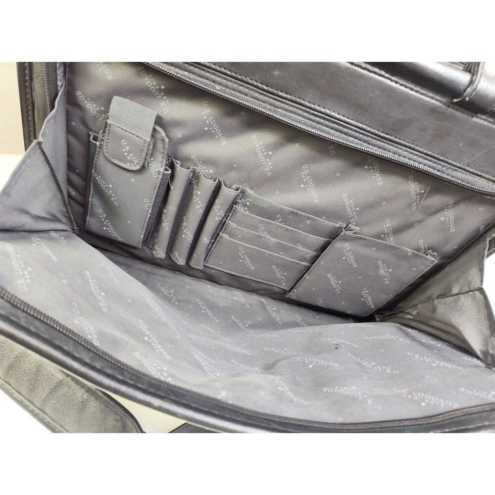 US Luggage New York Black Leather Expandable Briefcase Laptop Bag w Strap 16